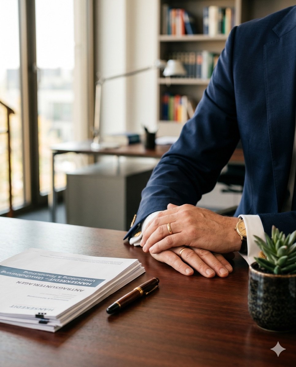 HANSEKREDIT Finanzberater am Schreibtisch mit Antragsunterlagen für Umschuldung und Finanzierung – persönliche Kreditberatung in Norderstedt