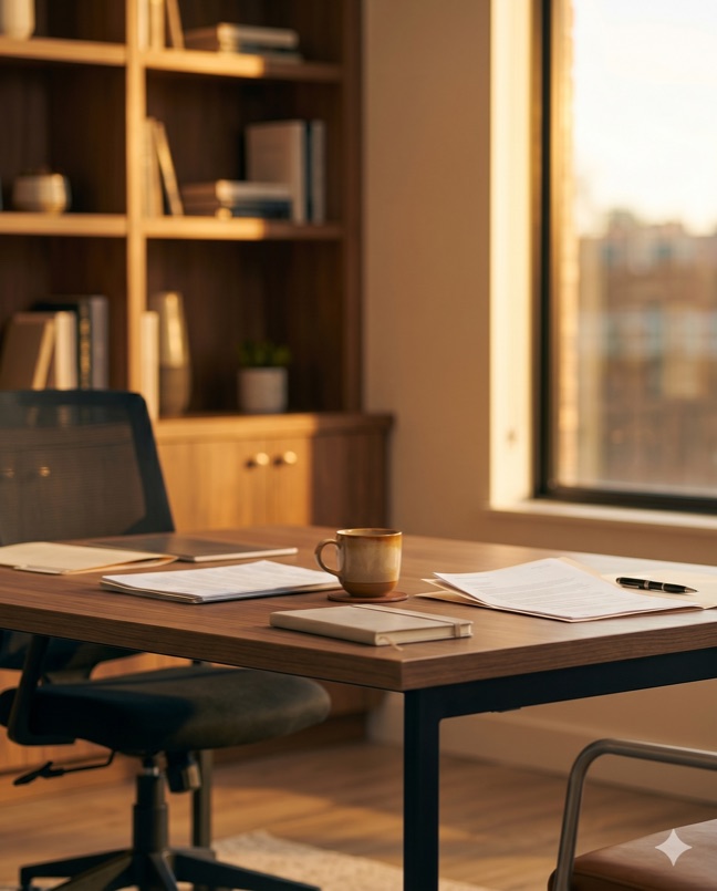 Vertrauensvolle Beratungsatmosphäre – Büro mit Unterlagen, Kaffee und warmem Licht für persönliche Kreditberatung trotz Schufa